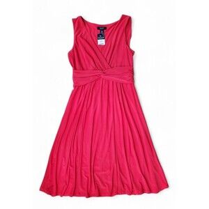 Chaps Coral Fit & Flare Sleeveless Midi Dress Size M V Neck Twisted Waist Flowy